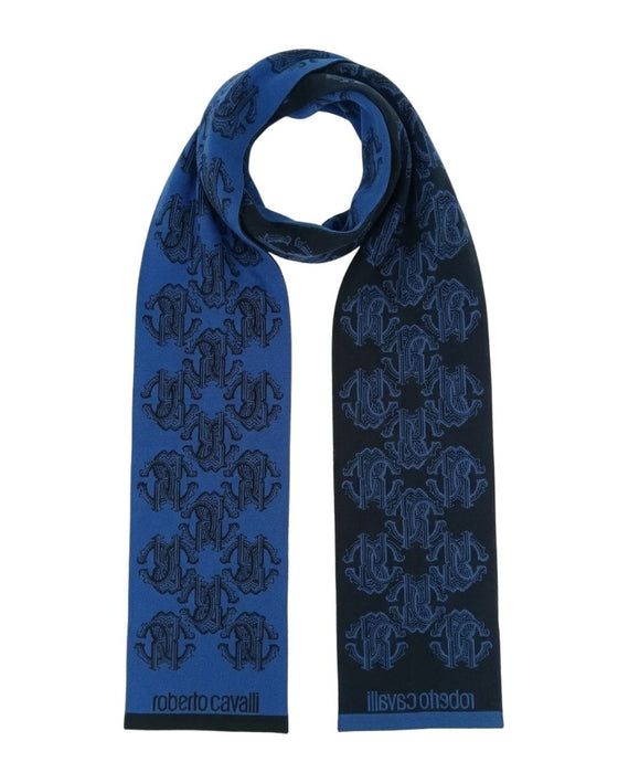 Roberto Cavalli ESZ028 D0174 Blue Marine/ Black Wool Blend Logo Mens Scarf
