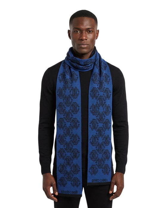 Roberto Cavalli ESZ028 D0174 Blue Marine/ Black Wool Blend Logo Mens Scarf