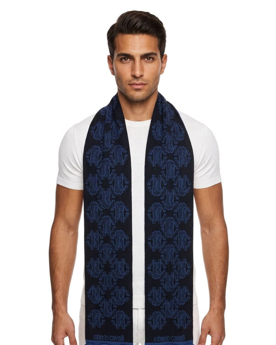 Roberto Cavalli ESZ028 D0174 Blue Marine/ Black Wool Blend Logo Mens Scarf