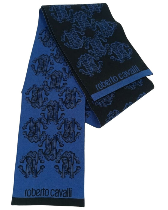 Roberto Cavalli ESZ028 D0174 Blue Marine/ Black Wool Blend Logo Mens Scarf