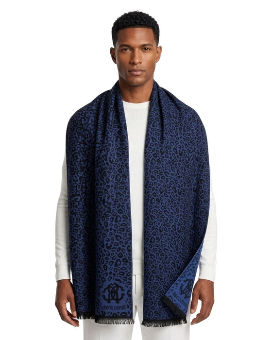 Roberto Cavalli ESZ029 03000 Violet Wool Blend Leopard Print Mens Scarf