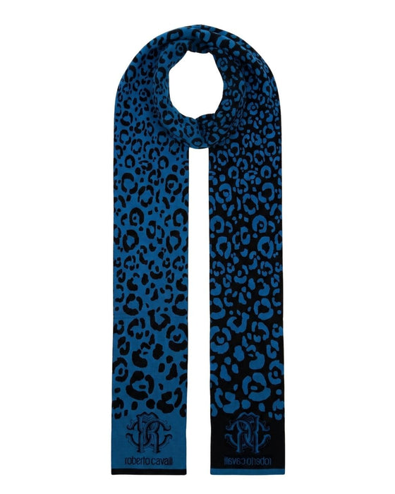 Roberto Cavalli ESZ030 D2493 Teal Blue/ Black Wool Blend Leopard Print Mens Scarf