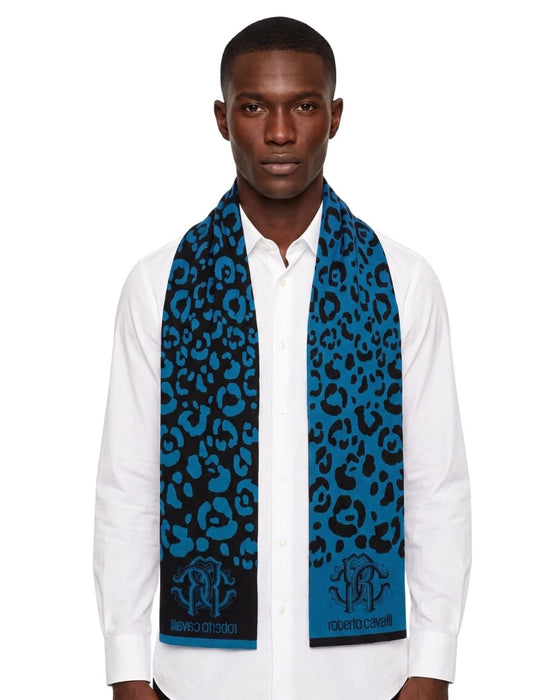 Roberto Cavalli ESZ030 D2493 Teal Blue/ Black Wool Blend Leopard Print Mens Scarf