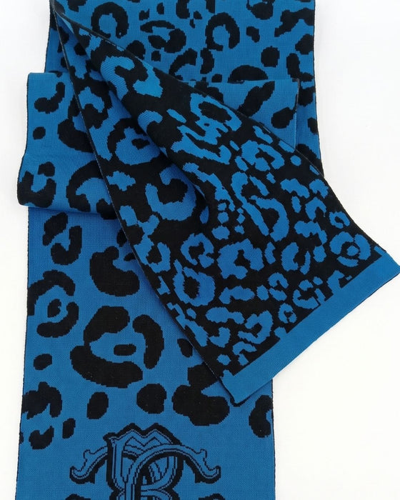 Roberto Cavalli ESZ030 D2493 Teal Blue/ Black Wool Blend Leopard Print Mens Scarf
