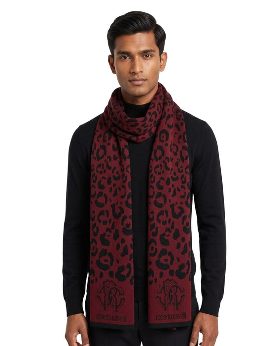 Roberto Cavalli ESZ030 02000 Burgundy Wool Blend Leopard Print Mens Scarf