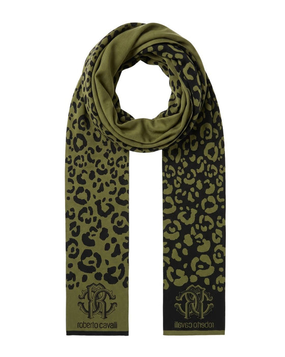 Roberto Cavalli ESZ030 04000 Green Wool Blend Leopard Print Mens Scarf