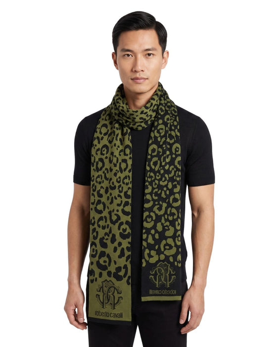 Roberto Cavalli ESZ030 04000 Green Wool Blend Leopard Print Mens Scarf