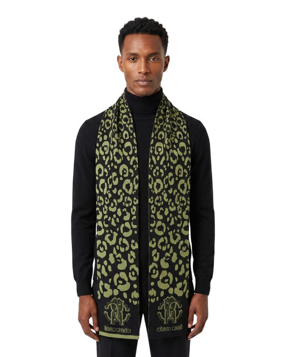Roberto Cavalli ESZ030 04000 Green Wool Blend Leopard Print Mens Scarf