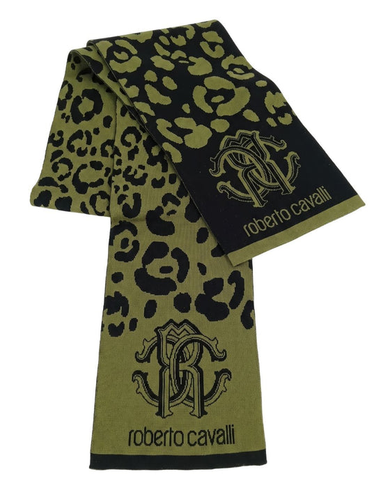 Roberto Cavalli ESZ030 04000 Green Wool Blend Leopard Print Mens Scarf