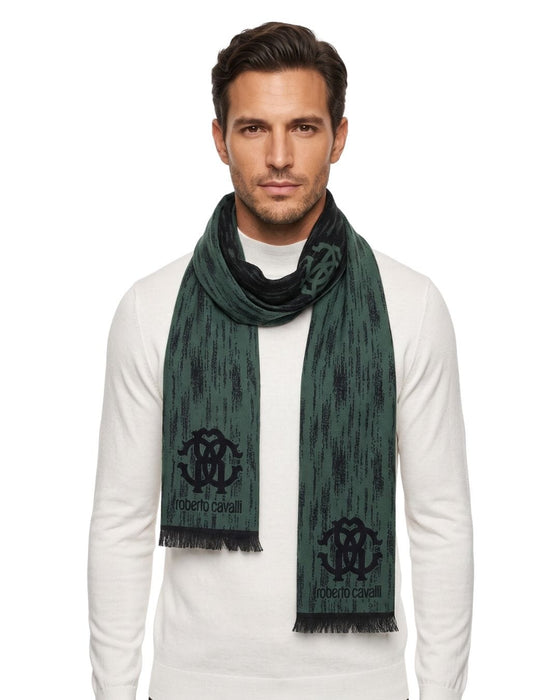 Roberto Cavalli ESZ052 04000 Green Wool Blend Grunge Mens Scarf