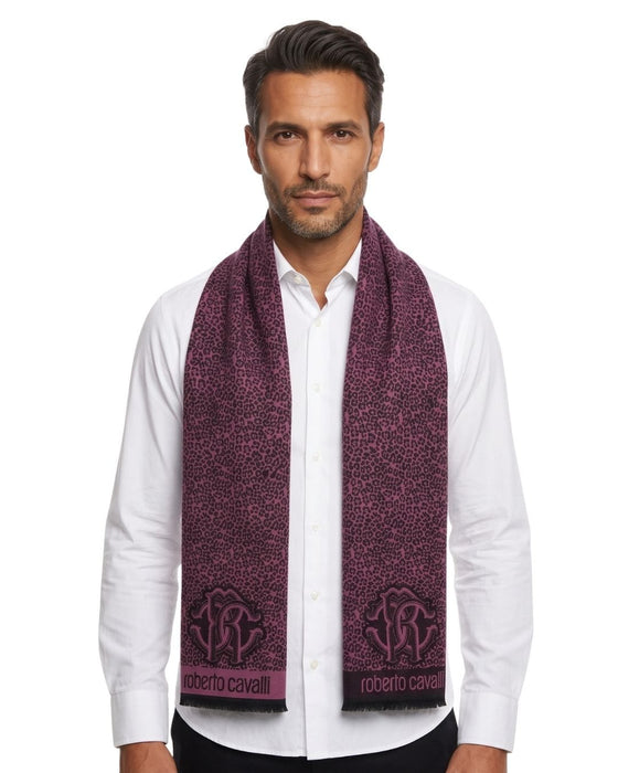 Roberto Cavalli ESZ056 03000 Purple Wool Blend Leopard Print Mens Scarf