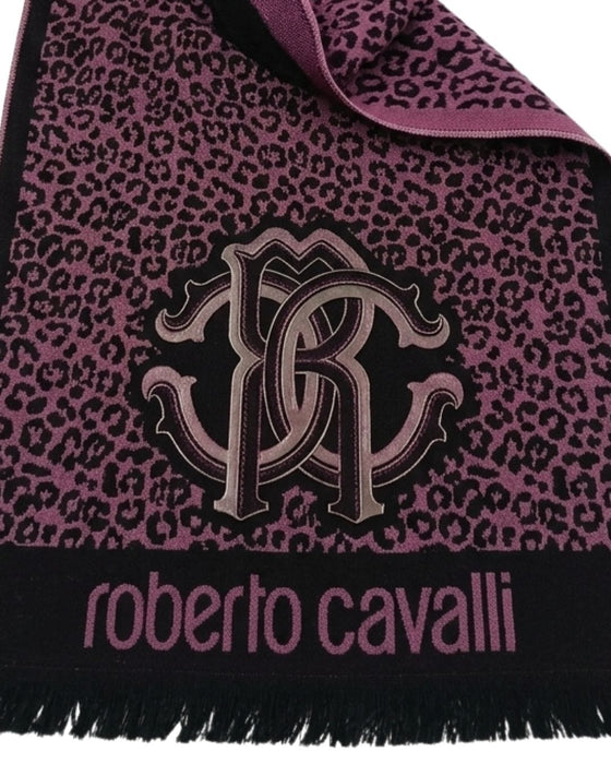 Roberto Cavalli ESZ056 03000 Purple Wool Blend Leopard Print Mens Scarf