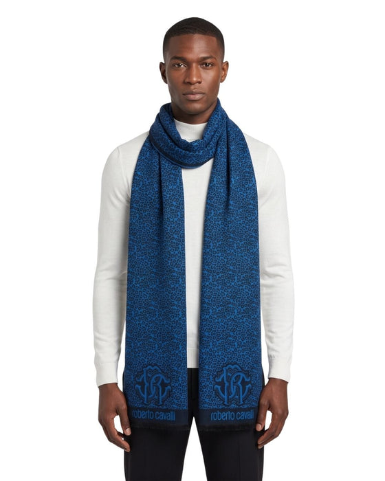 Roberto Cavalli ESZ056 04505 Turquoise Wool Blend Leopard Print Mens Scarf