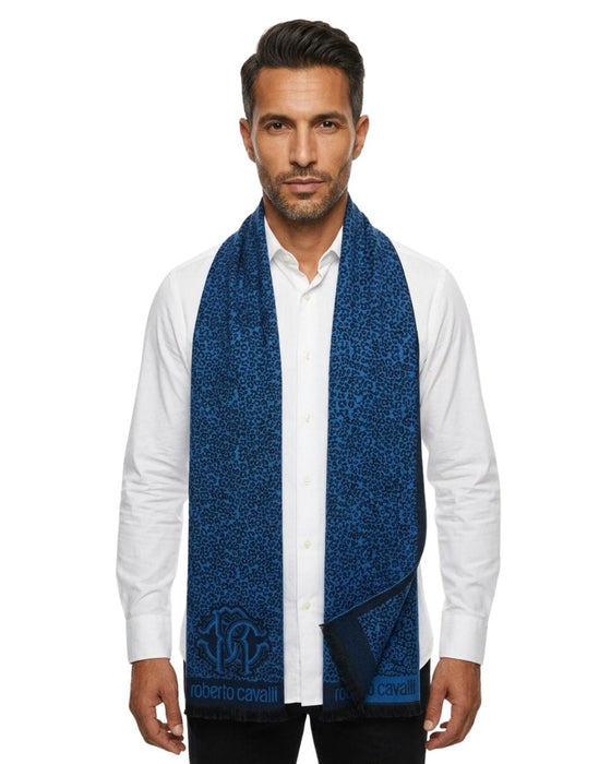 Roberto Cavalli ESZ056 04505 Turquoise Wool Blend Leopard Print Mens Scarf