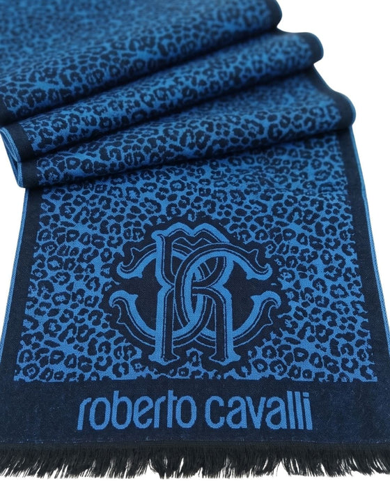 Roberto Cavalli ESZ056 04505 Turquoise Wool Blend Leopard Print Mens Scarf