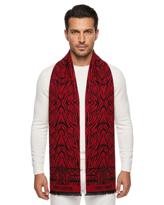 Roberto Cavalli ESZ057 02000 Red Wool Blend Tiger Print Mens Scarf