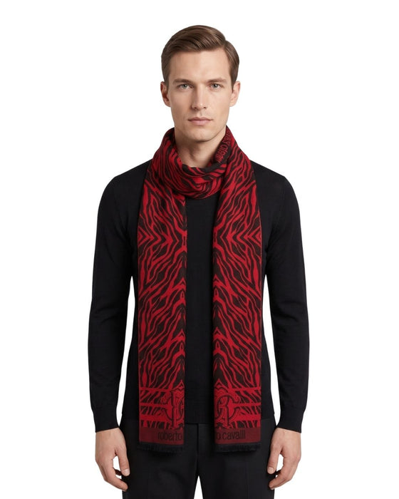 Roberto Cavalli ESZ057 02000 Red Wool Blend Tiger Print Mens Scarf