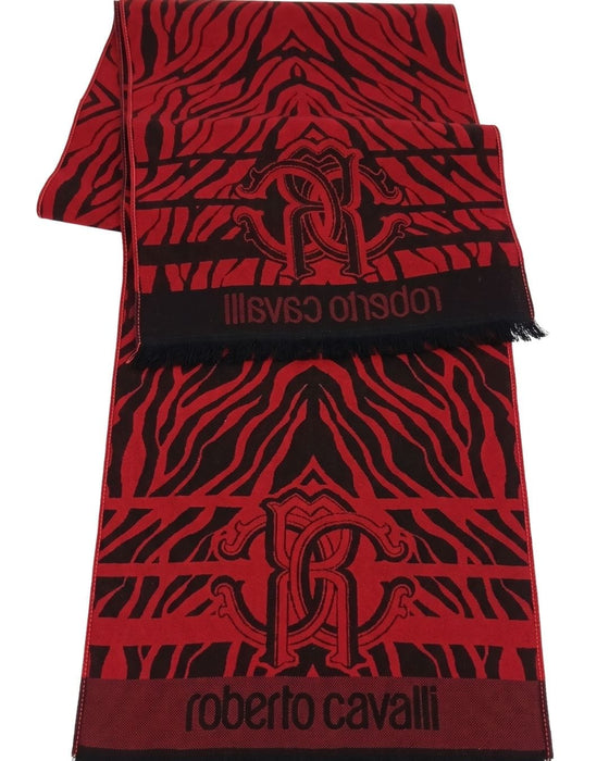 Roberto Cavalli ESZ057 02000 Red Wool Blend Tiger Print Mens Scarf