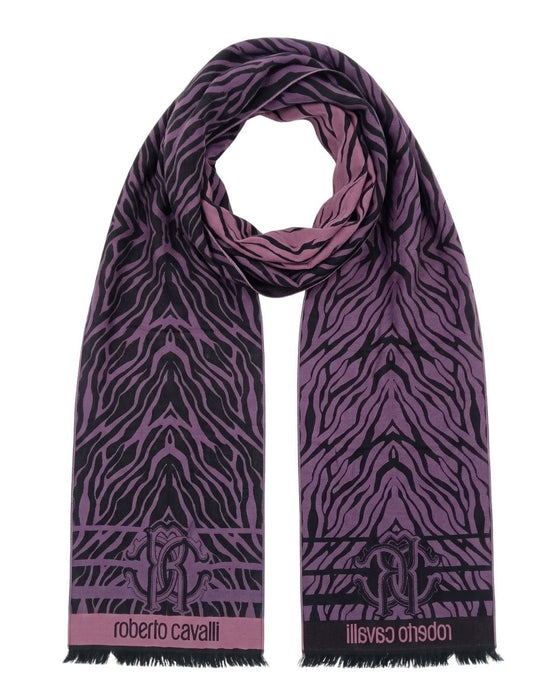 Roberto Cavalli ESZ057 03000 Purple Wool Blend Tiger Print Mens Scarf