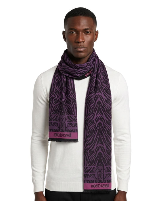 Roberto Cavalli ESZ057 03000 Purple Wool Blend Tiger Print Mens Scarf