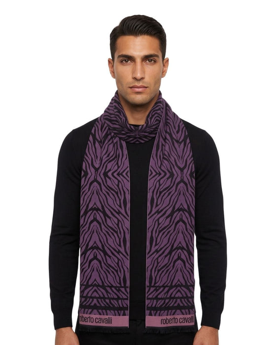Roberto Cavalli ESZ057 03000 Purple Wool Blend Tiger Print Mens Scarf