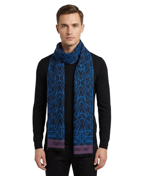 Roberto Cavalli ESZ057 04505 Turquoise Wool Blend Tiger Print Mens Scarf