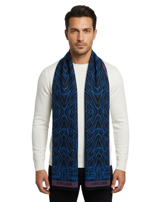 Roberto Cavalli ESZ057 04505 Turquoise Wool Blend Tiger Print Mens Scarf