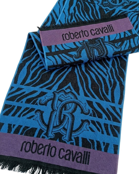 Roberto Cavalli ESZ057 04505 Turquoise Wool Blend Tiger Print Mens Scarf