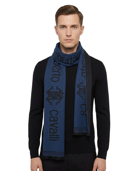 Roberto Cavalli ESZ061 04500 Blue Wool Blend Signature Mens Scarf