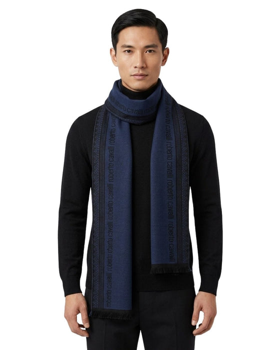 Roberto Cavalli ESZ062 04505 Navy Wool Blend Signature Mens Scarf