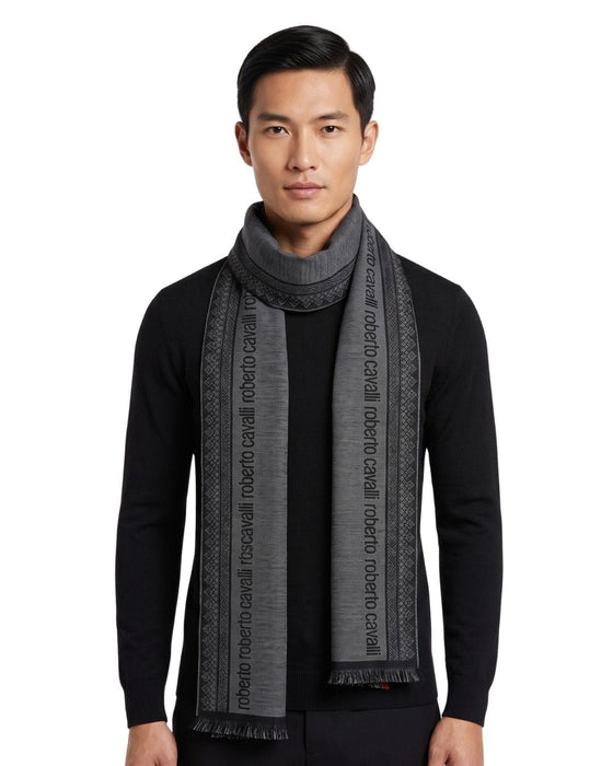 Roberto Cavalli ESZ062 05001 Grey Wool Blend Signature Mens Scarf