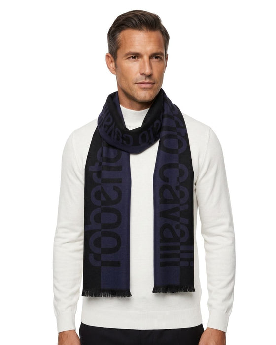 Roberto Cavalli Black and Navy Wool Blend Scarf