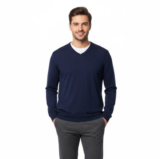 Real Cashmere Dark Blue V-Neck Fine Cashmere Blend Mens Sweater-L