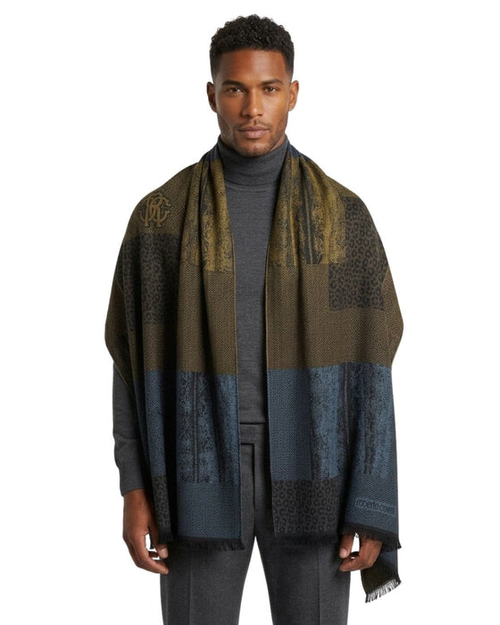 Roberto Cavalli Green Wool Blend Cheetah Print Scarf