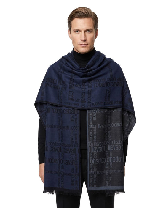 Roberto Cavalli Navy Blue & Black Signature Mens Wool Scarf