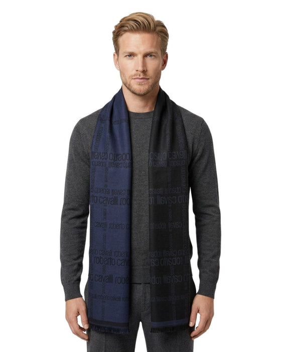 Roberto Cavalli Navy Blue & Black Signature Mens Wool Scarf