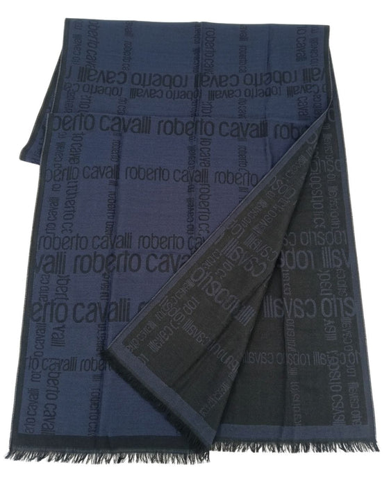 Roberto Cavalli Navy Blue & Black Signature Mens Wool Scarf