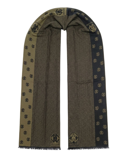 Roberto Cavalli Military Green Crest Logo Pattern Mens Wool Scarf