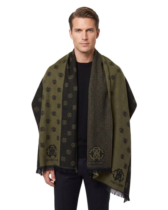 Roberto Cavalli Military Green Crest Logo Pattern Mens Wool Scarf