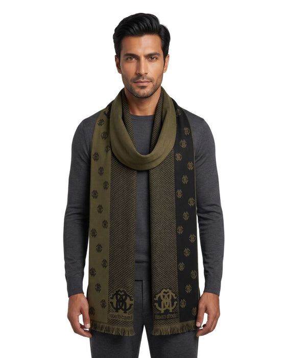 Roberto Cavalli Military Green Crest Logo Pattern Mens Wool Scarf