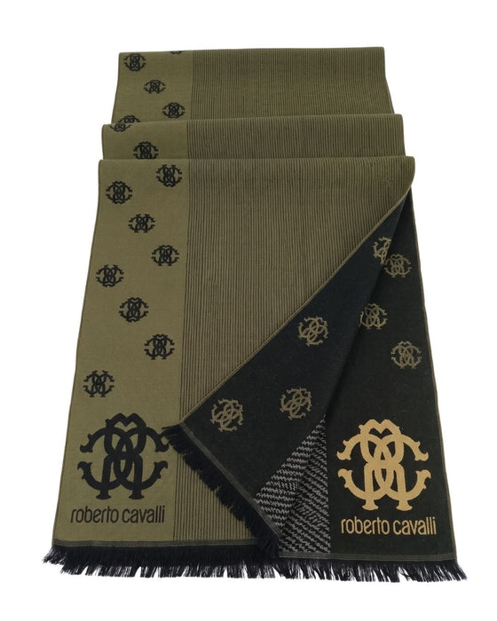 Roberto Cavalli Military Green Crest Logo Pattern Mens Wool Scarf