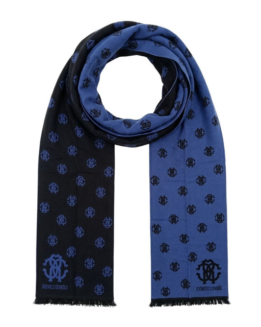 Roberto Cavalli Royal Blue Crest Logo Pattern Mens Wool Scarf