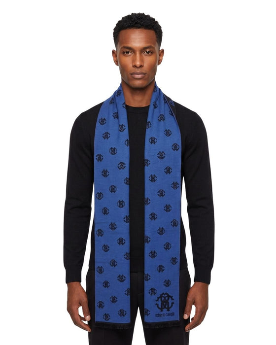 Roberto Cavalli Royal Blue Crest Logo Pattern Mens Wool Scarf