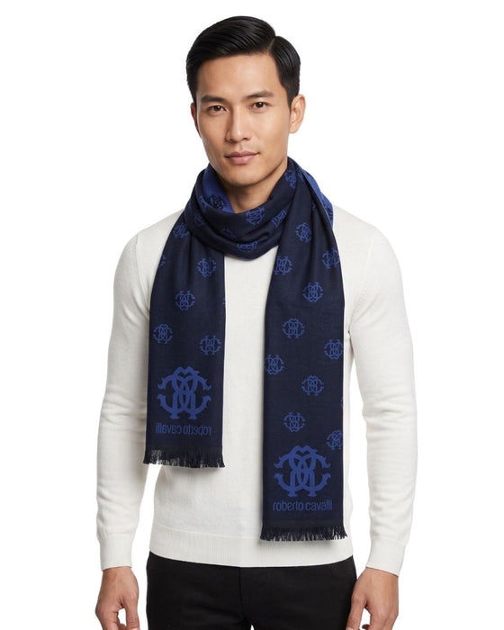 Roberto Cavalli Royal Blue Crest Logo Pattern Mens Wool Scarf
