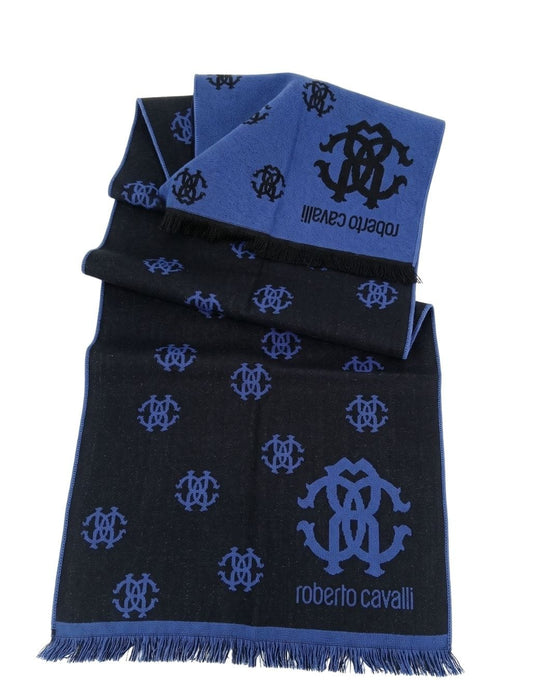 Roberto Cavalli Royal Blue Crest Logo Pattern Mens Wool Scarf