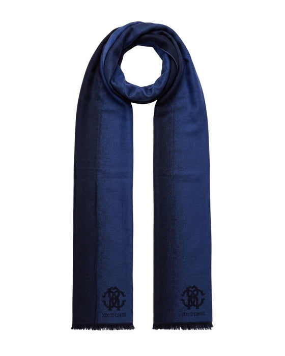 Roberto Cavalli Royal Navy Blue Crest Logo Pattern Mens Wool Scarf