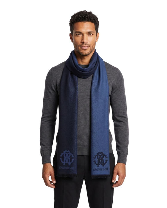 Roberto Cavalli Royal Navy Blue Crest Logo Pattern Mens Wool Scarf