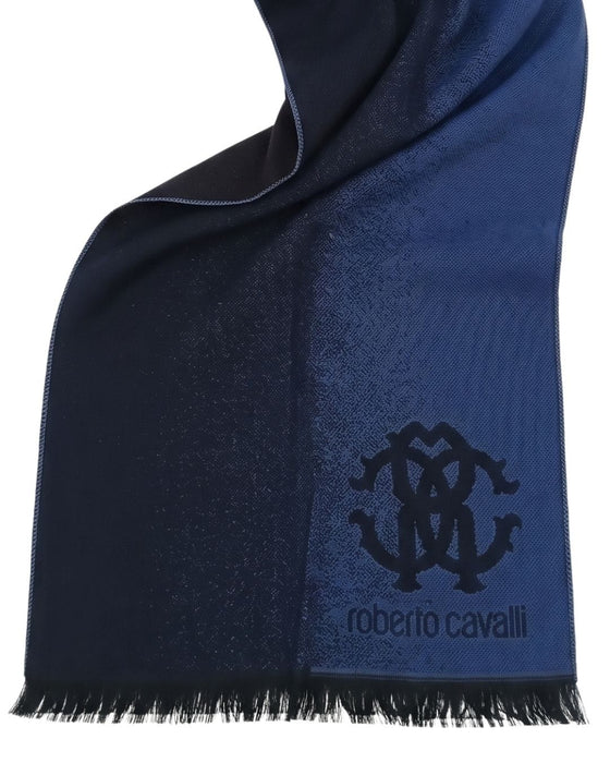 Roberto Cavalli Royal Navy Blue Crest Logo Pattern Mens Wool Scarf