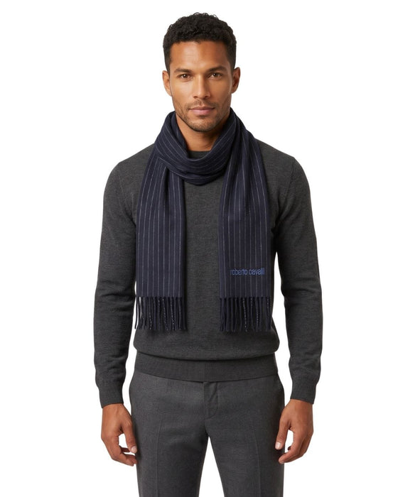 Roberto Cavalli Dark Blue Pinstripe Mens Wool Scarf