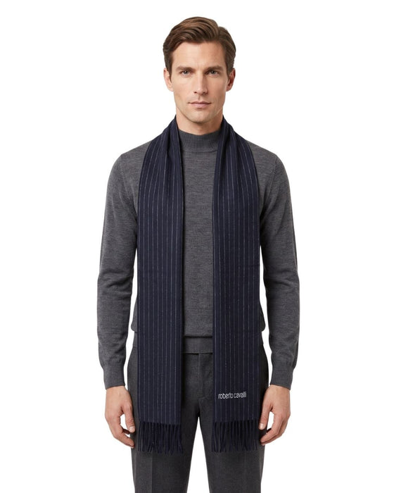 Roberto Cavalli Dark Blue Pinstripe Mens Wool Scarf